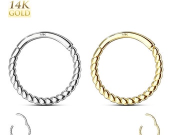 14K Solid Gold Rope Hoop Clicker Anneau articulé Boucle d’oreille Cartilage Helix Tragus Daith Conch Rook Snug Lobe Septum Nez Lip Piercing Bijoux