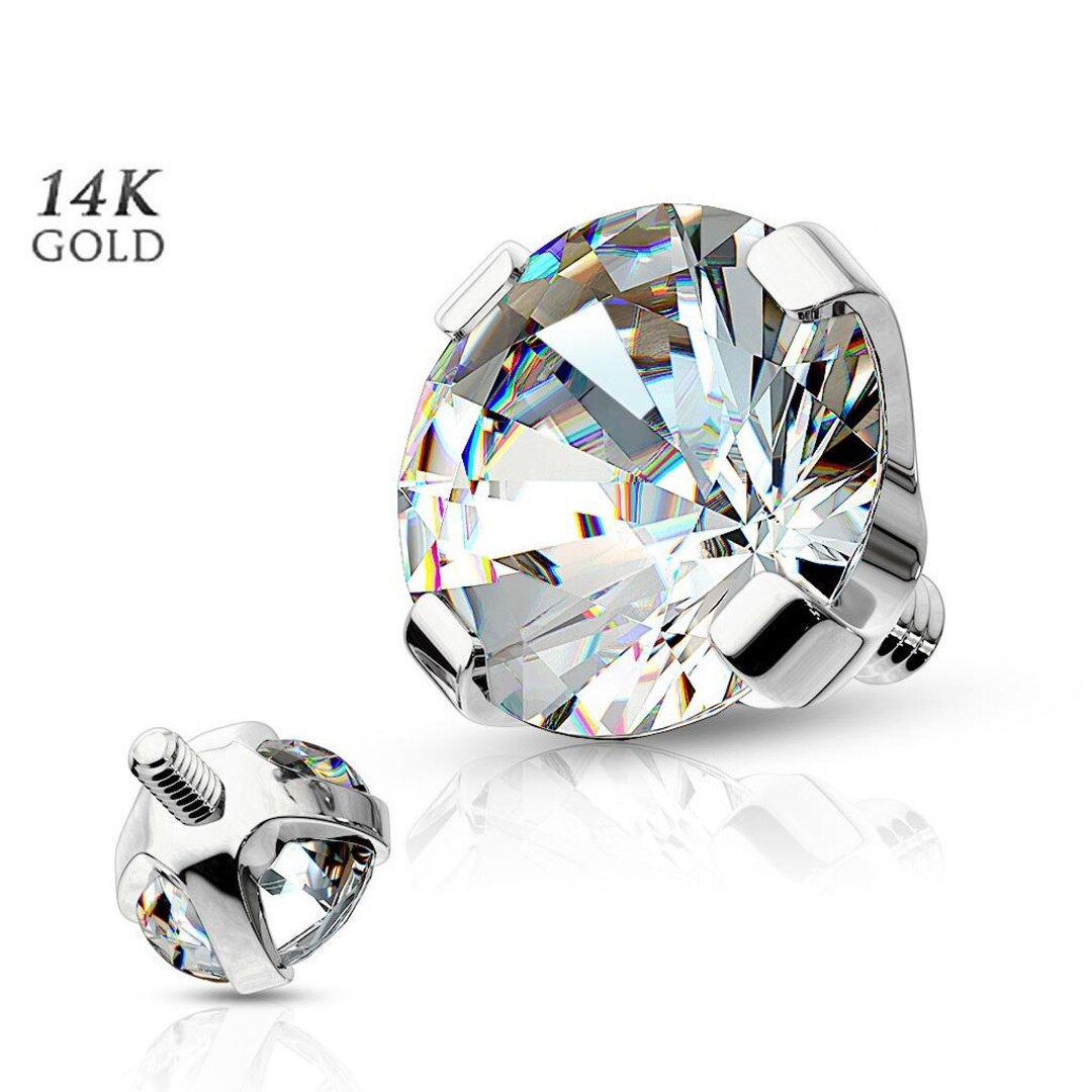 14K Solid White Gold Gem Setting Dermal Anchor Top Head Stud Ring ...