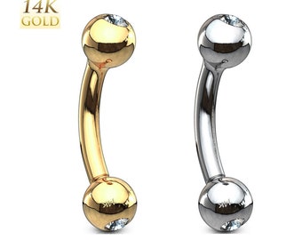 14K Solid Gold Clear Gem Ball Curved Bent Barbell Ring Eyebrow Stud Ear Rook Daith Conch Cartilage Snake Lip Body Piercing Jewelry