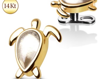 14K Solid Gold Turtle Shape Dermal Anchor Head Top Stud Internally Threaded Screw Body Piercing Ring Jewelry