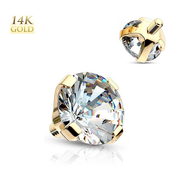 14K Solid Gold Pronged Gem Dermal Anchor Top Stud Internally Threaded Head Screw Body Surface Piercing Ring Jewelry