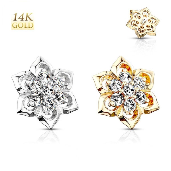 14K Solid Gold Flower Gem Stud Dermal Anchor Top Internally Threaded Screw Body Piercing Ring Head Jewelry