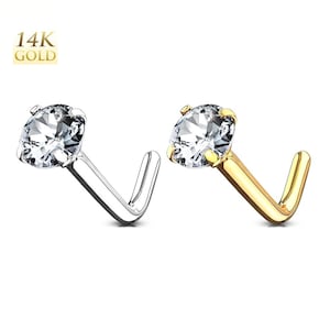 14K Solid Gold L Bend Nose Ring Clear Gem Prong Set Stud Body Piercing Jewelry