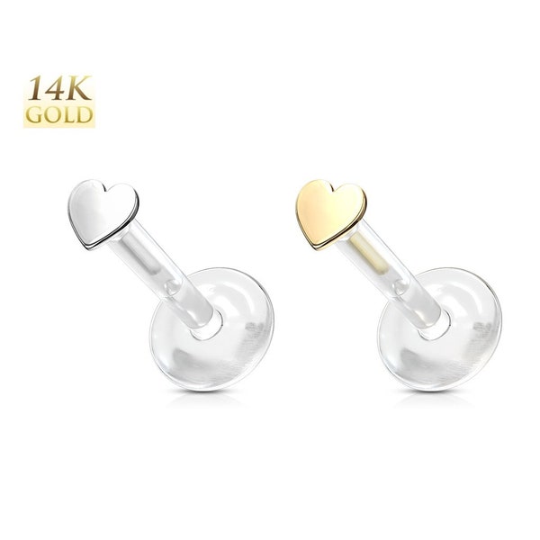 14K Solid Gold Heart Top Flexible Labret Monroe Ear Stud Cartilage Tragus Helix Conch Earring Nose Lip Philtrum Medusa Ring Piercing Jewelry