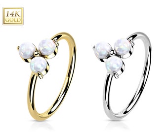 14K Solid Gold Trinity Opal Nose Hoop Ring Stud Body Piercing Bijoux Jaune ou Blanc Or Bendable Nose Ring