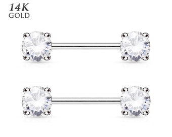 14K White Solid Gold PAIR of Nipple Bar Ring Clear AAA Gem Stud Barbell Body Piercing Jewelry (2 piece)