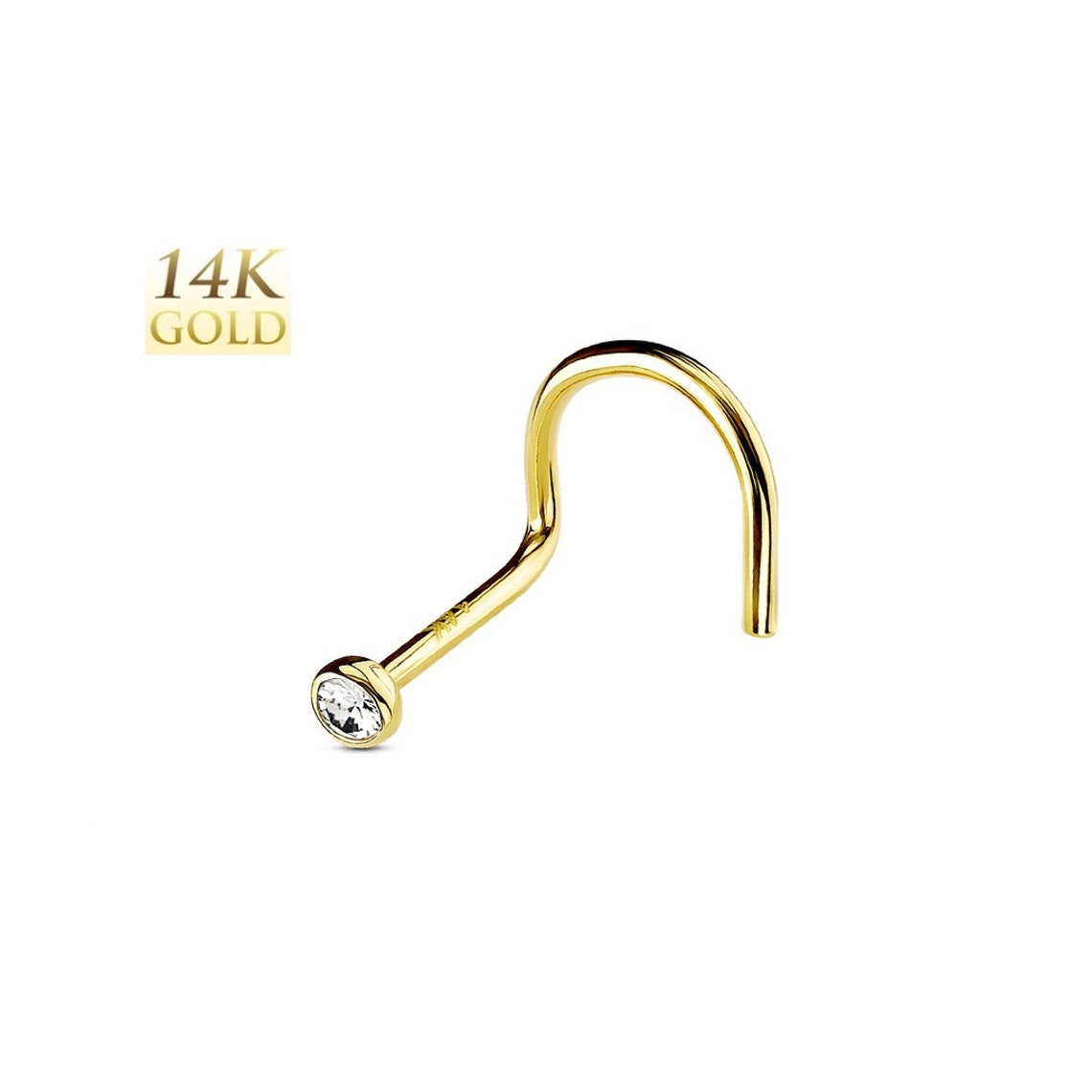 14K Solid Gold Clear Gem Bezel Set Nose Screw Ring Stud Body | Etsy