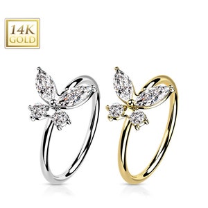 14K Solid Gold Jeweled Butterfly Nose Hoop Ring Stud Body Piercing Jewelry Yellow or White Gold Bendable Nose Ring
