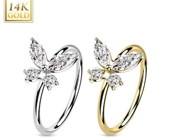 14K Solid Gold Jeweled Butterfly Nose Hoop Ring Stud Body Piercing Jewelry Yellow or White Gold Bendable Nose Ring