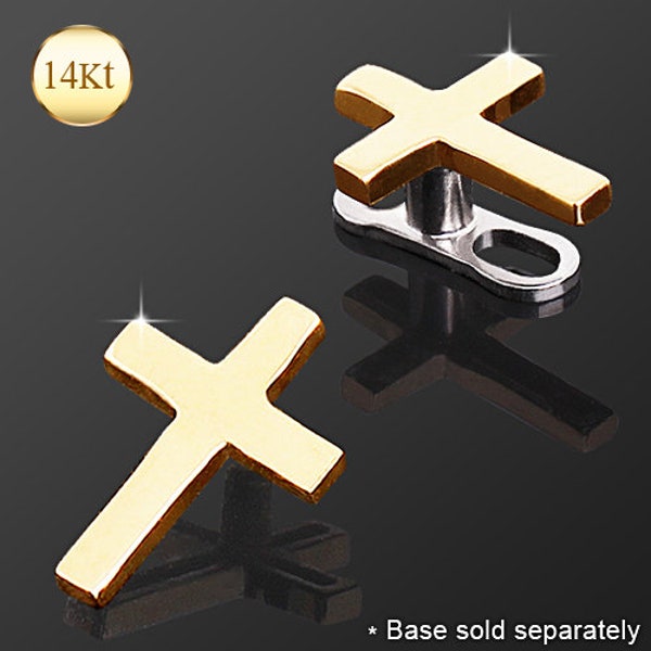 14K Yellow Gold Cross Stud Dermal Anchor Top Internally Threaded Screw Body Piercing Ring Head Jewelry