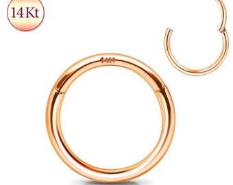 14K Solid Rose Gold Seamless Clicker Hinged Segment Hoop Ring Conch Cartilage Helix Tragus Daith Snug Rook Lobe Septum Nose Lip Piercings