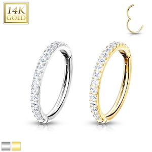 14K Solid Gold Gem Hoop Clicker Hinged Segment Ring Earring Conch Cartilage Helix Tragus Daith Rook Snug Lobe Nose Lip Piercing Jewelry