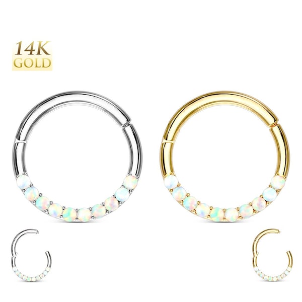 14K Solid Gold Opal Hoop Clicker Hinged Segment Ring Nose Septum Ear Conch Cartilage Helix Tragus Daith Rook Snug Body Piercing Jewelry