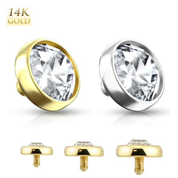 14K Gold Gem Stud Dermal Anchor Top Internally Threaded Screw Body Piercing Ring Head Jewelry