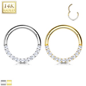 14K Solid Gold Gem Hoop Clicker Hinged Segment Ring Earring Conch Cartilage Helix Tragus Daith Rook Snug Lobe Nose Body Piercing Jewelry