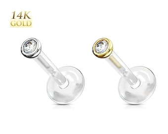 14K Solid Gold Clear Gem Top Flexible Labret Monroe Stud Cartilage Tragus Helix Conch Nose Lip Philtrum Medusa Chin Ring Piercing Jewelry