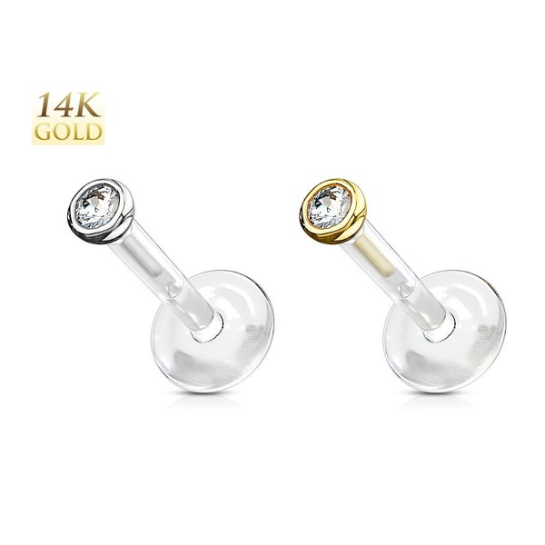 Or massif 14 carats avec gemme transparente, Labret Monroe, goujon flexible, cartilage Tragus, hélice, conque, lèvre, philtrum, méduse, mentonnière, bijoux