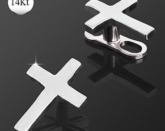 14K Solid White Gold Cross Stud Dermal Anchor Top Internally Threaded Screw Body Piercing Ring Head Jewelry