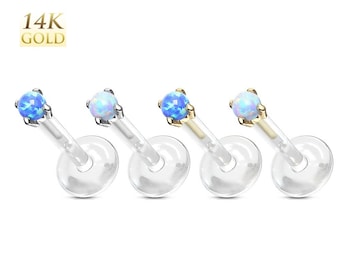 14K Gold Opal Top Flexible Labret Monroe Stud Cartilage Tragus Helix Conch Earring Lobe Nose Lip Philtrum Medusa Chin Ring Piercing Jewelry