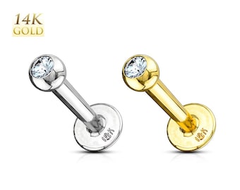 14K Solid Gold Clear Gem Labret Monroe Stud Ear Cartilage Tragus Helix Earring Lobe Nose Lip Philtrum Medusa Chin Ring Body Piercing Jewelry