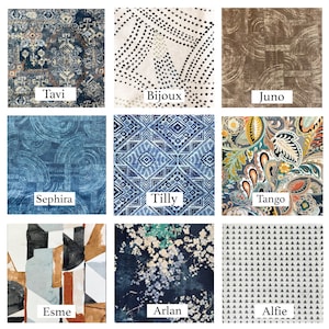 May include: Nine fabric swatches with various patterns and colors. Designs include a distressed navy rug, dotted lines, brown swirls, blue circles, geometric blue diamonds, paisley, abstract shapes, floral, and small triangles. Each swatch has a name.