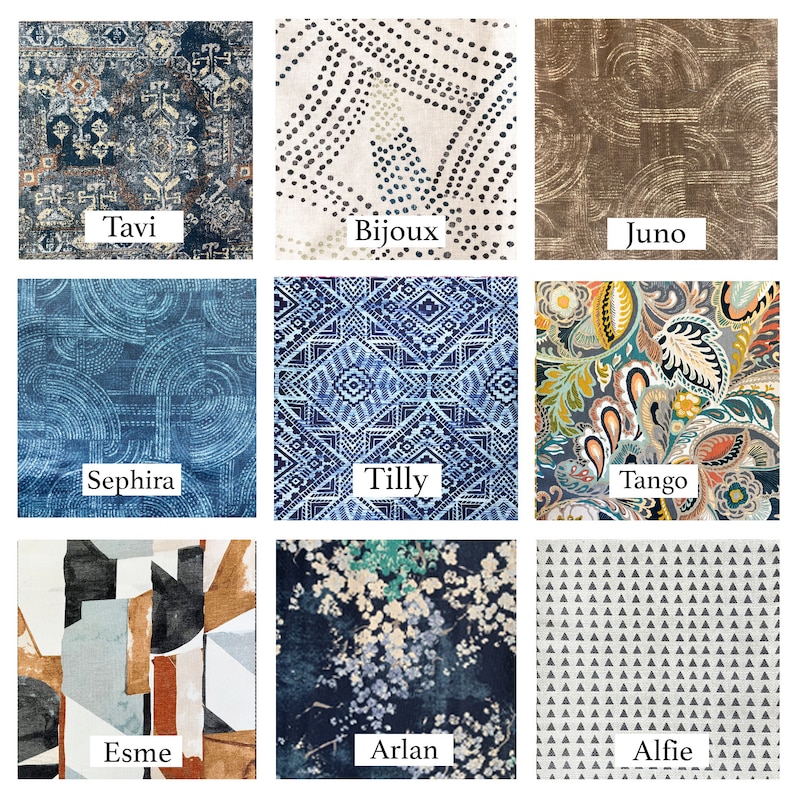 May include: Nine fabric swatches with various patterns and colors. Designs include a distressed navy rug, dotted lines, brown swirls, blue circles, geometric blue diamonds, paisley, abstract shapes, floral, and small triangles. Each swatch has a name.