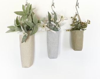 Linen Hanging Basket | Fabric Flower Vase Wall Decor | Kitchen & Office Space Saver | Modern Farmhouse | Boho Decor | 3 Sizes to Choose From
