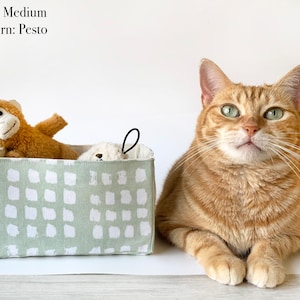 May include: A medium-sized, rectangular storage bin with a light green and white dotted pattern, filled with stuffed animals. A ginger cat with green eyes is next to the bin. The text on the image says "Size: Medium" and "Pattern: Pesto."