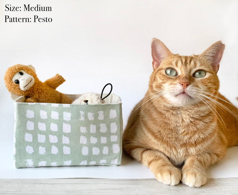 May include: A medium-sized, rectangular storage bin with a light green and white dotted pattern, filled with stuffed animals. A ginger cat with green eyes is next to the bin. The text on the image says "Size: Medium" and "Pattern: Pesto."
