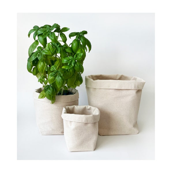 Cestino in tessuto naturale / Contenitore portaoggetti e organizer in tela non tinta / Cestino per piante decorativo per la casa da appendere o da appoggiare / 4 dimensioni a scelta