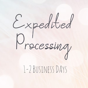 Op de afbeelding: Een wazige witte en roze achtergrond met de tekst "Expedited Processing 1-2 Business Days" in grijs.