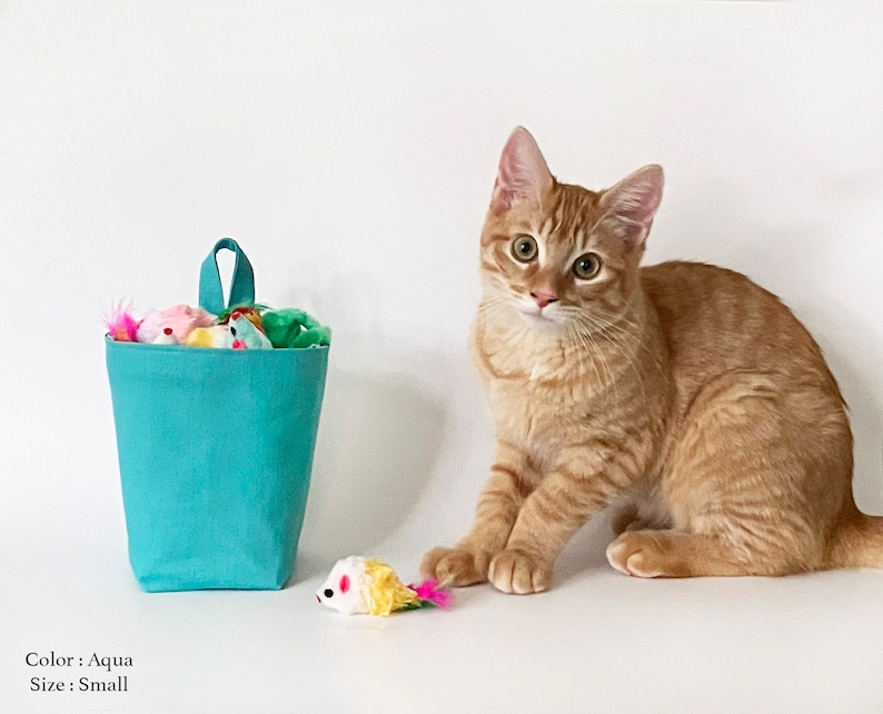 May include: A small, aqua-colored cat toy storage bin with a handle, filled with colorful toy mice. A ginger tabby cat sits beside the bin, with a toy mouse in front of it. The text on the image reads "Color: Aqua Size: Small."