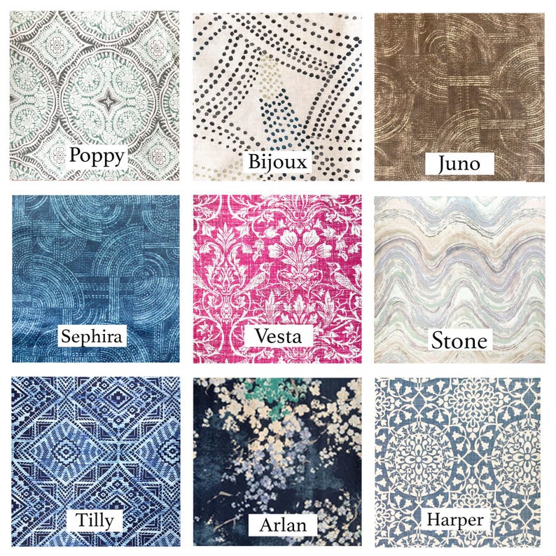Puede incluir: Nueve muestras de tela con diferentes patrones y colores. Las muestras est&aacute;n dispuestas en una cuadr&iacute;cula de 3x3. Las muestras est&aacute;n etiquetadas con los siguientes nombres: Poppy, Bijoux, Juno, Sephira, Vesta, Stone, Tilly, Arlan y Harper.