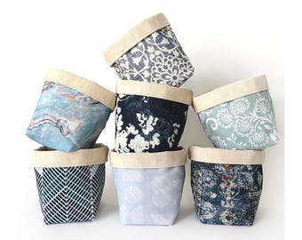 Panier bohème en tissu (Bleu) | Poubelle de rangement et de rangement réversible en toile | Panier à plantes décoratif lavable | 4 tailles au choix
