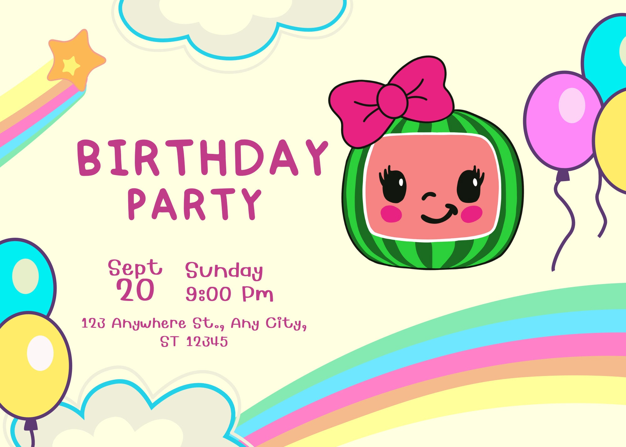 Coco Birthday Invitation, Melon Birthday Invitation, Editable Rainbow
