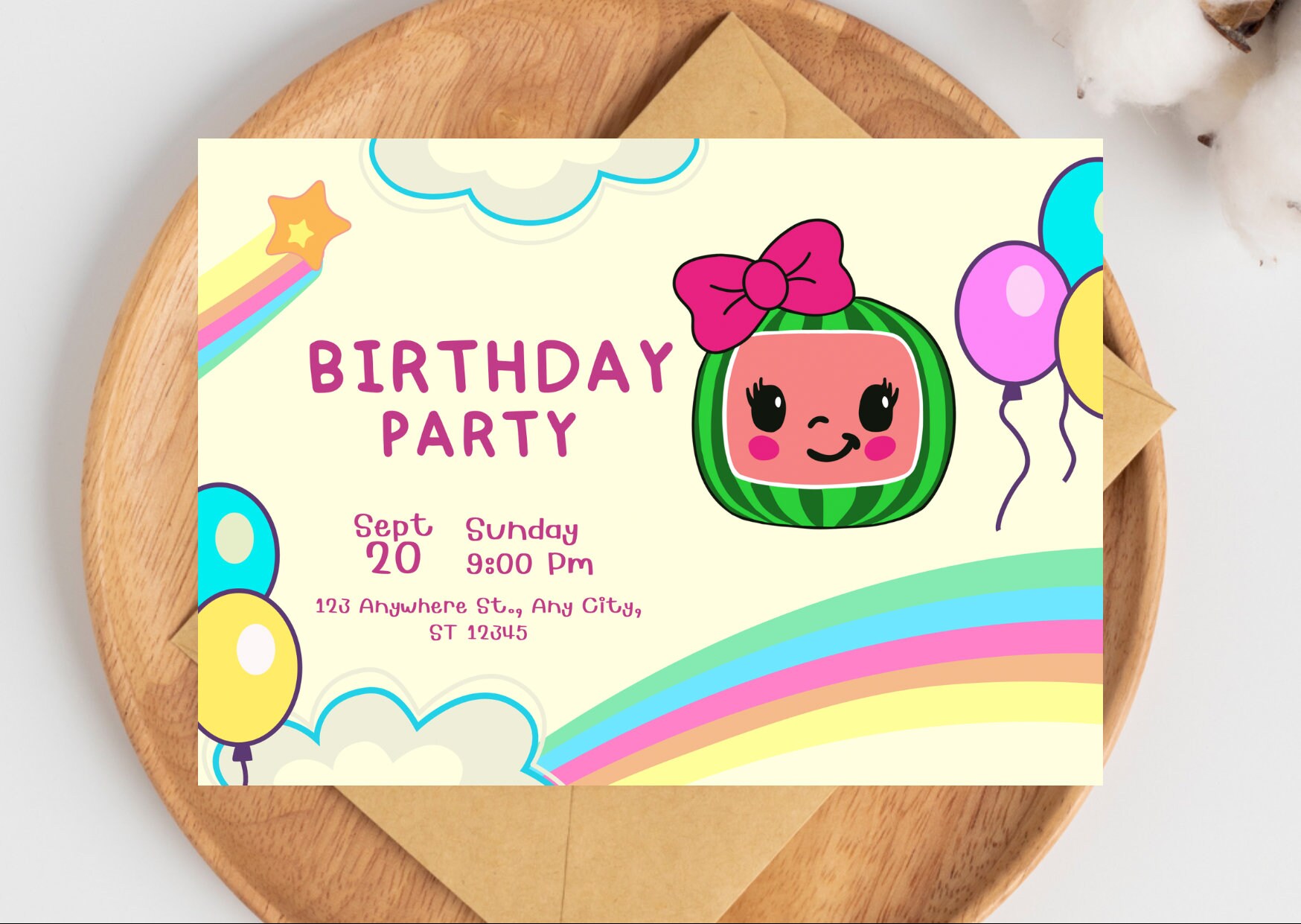 Coco Birthday Invitation, Melon Birthday Invitation, Editable Rainbow
