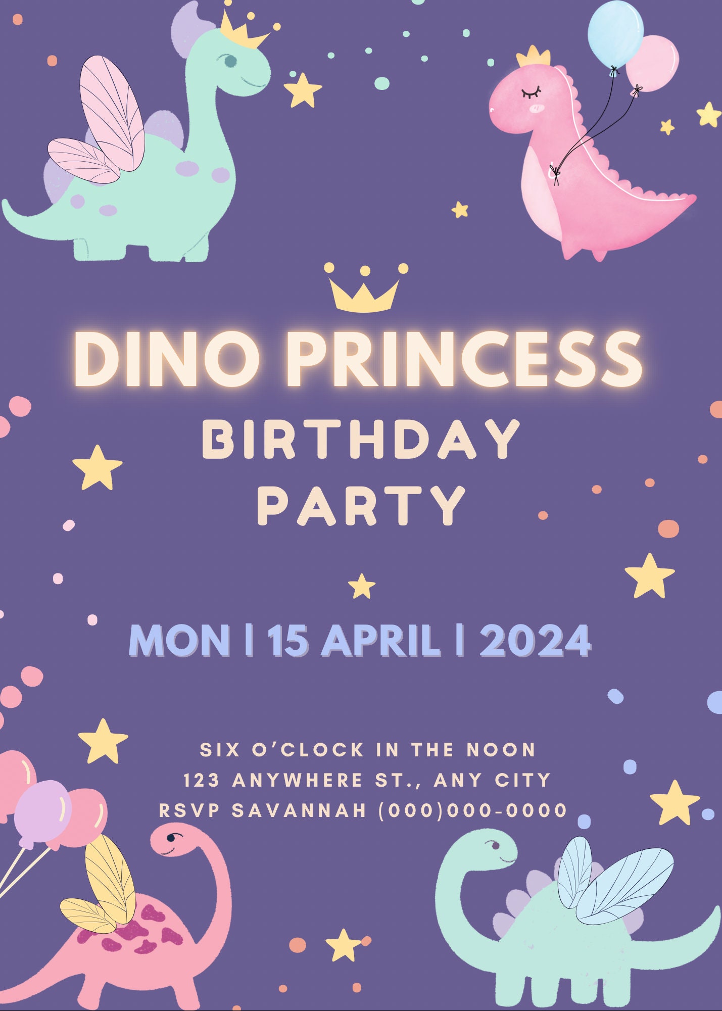 Dino Princess Birthday Invitation, Dinosaur Birthday Invitation