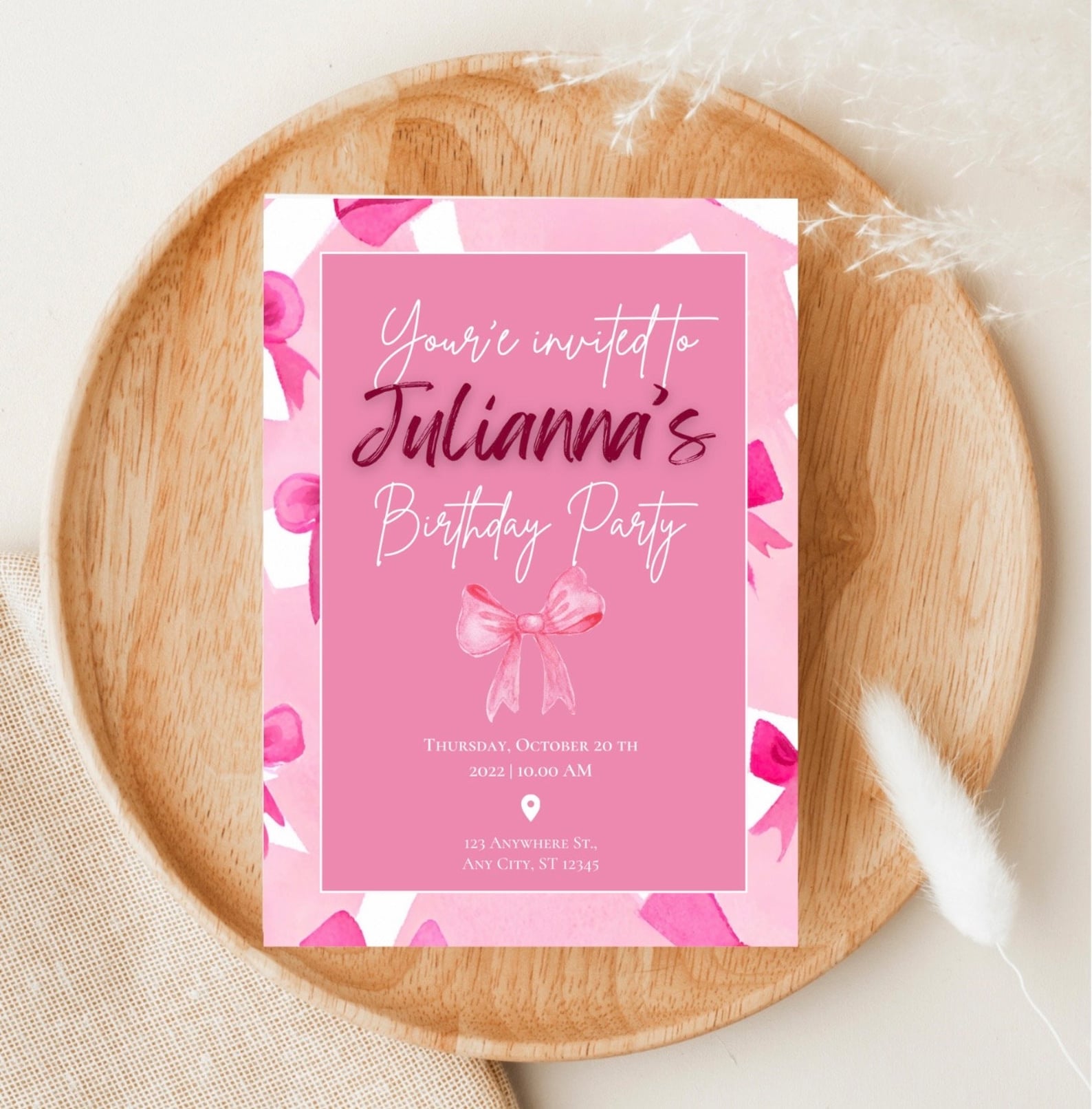 Coquette Bows Birthday Invitation, Editable Coquette Invite, Pink Bow