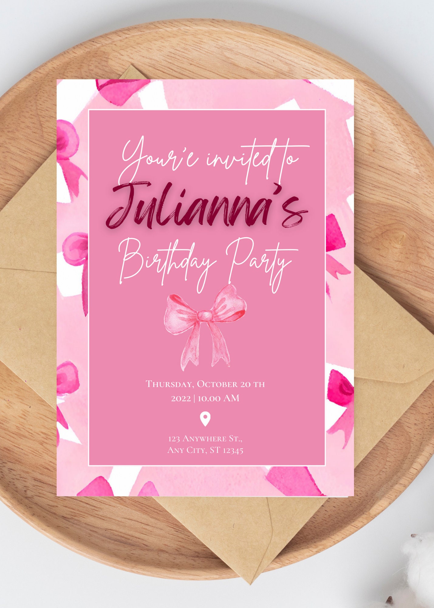 Coquette Bows Birthday Invitation, Editable Coquette Invite, Pink Bow Coquette Bows Birthday Invitation, Editable Coquette Invite, Pink Bow