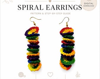 Schema per orecchini a spirale all'uncinetto, download PDF, orecchini all'uncinetto facili, adatti ai principianti, progetto con avanzi di filato, schema per orecchini arcobaleno