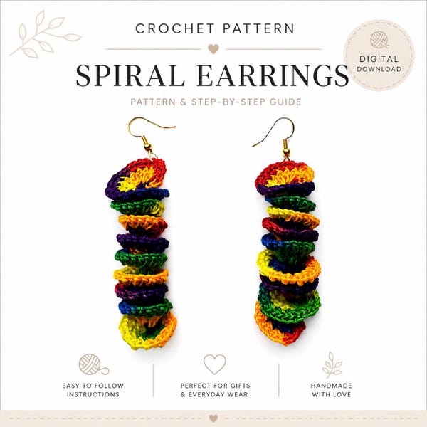Crochet Spiral Earrings Pattern, PDF Download, Easy Crochet Earrings, Beginner Friendly, Scrap Yarn Project, Rainbow Earrings Pattern