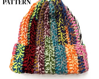 May include: A colorful crochet beanie with a folded brim. The hat features vertical stripes in various colors, including orange, red, green, blue, and yellow. The text "CROCHET PATTERN" is at the top.