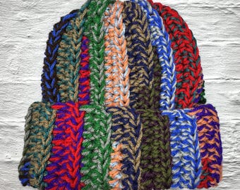 Chunky Crochet Beanie | Double-Strand Handmade Hat in Dark Tones | With or Without Tassels | Cozy Winter Accessory Thick Yarn Gift Unique