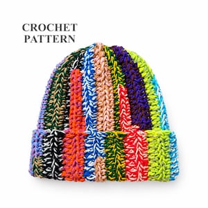 May include: A beanie hat featuring a multi-colored crochet pattern with vertical stripes in shades of neon green, bright orange, deep purple, blue, black, and tan. The text CROCHET PATTERN is printed in dark gray above the hat on a white background.