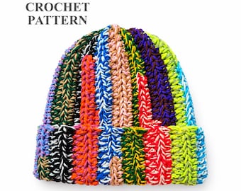 May include: A beanie hat featuring a multi-colored crochet pattern with vertical stripes in shades of neon green, bright orange, deep purple, blue, black, and tan. The text CROCHET PATTERN is printed in dark gray above the hat on a white background.