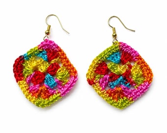 Crochet Granny Square Earrings Colorful Boho Earrings Handmade Lightweight Gift for Her