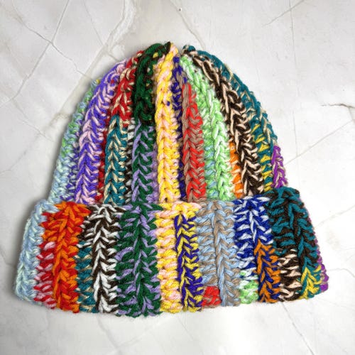 Chunky Hand Knit Multicolor Scrap Beanie Hand Knit Multicolor Scrap Beanie: Chunky Crochet Boho  main image 4