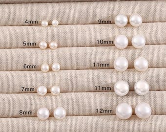4A button pearl white freshwater pearls 5–10mm925 sterling silver earring studs, high luster 4a quality natural pearl stud earrings, jewelry