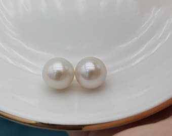 3a one pair 9-10mm round white freshwater pearls, half drilled loose pearls, good luster pearls for diy earrings or jewelry making