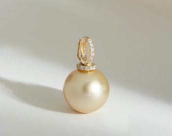 3A 12mm light golden south sea pearl pendant, round natural sea pearl in 18k gold clip bail, moveable clasp for diy or fine necklace